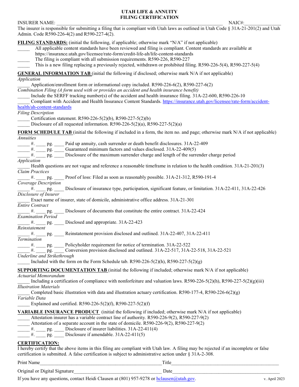 Utah Life  Annuity Filing Certification - Utah, Page 1