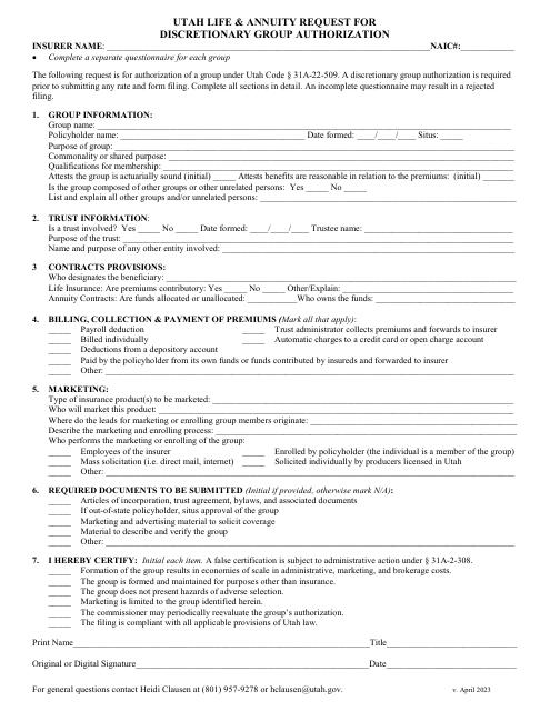 Utah Life & Annuity Request for Discretionary Group Authorization - Utah Download Pdf
