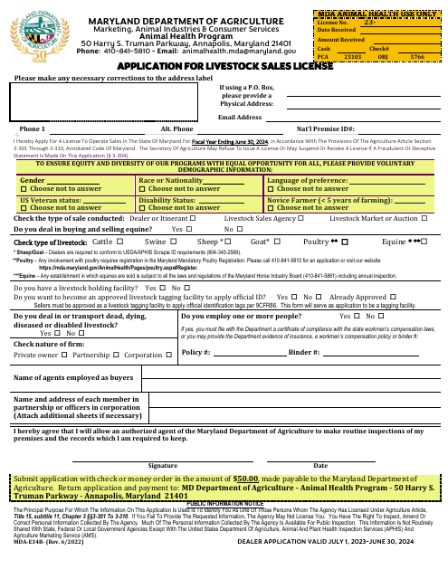 Form MDA E-34B Application for Livestock Sales License - Maryland, 2024