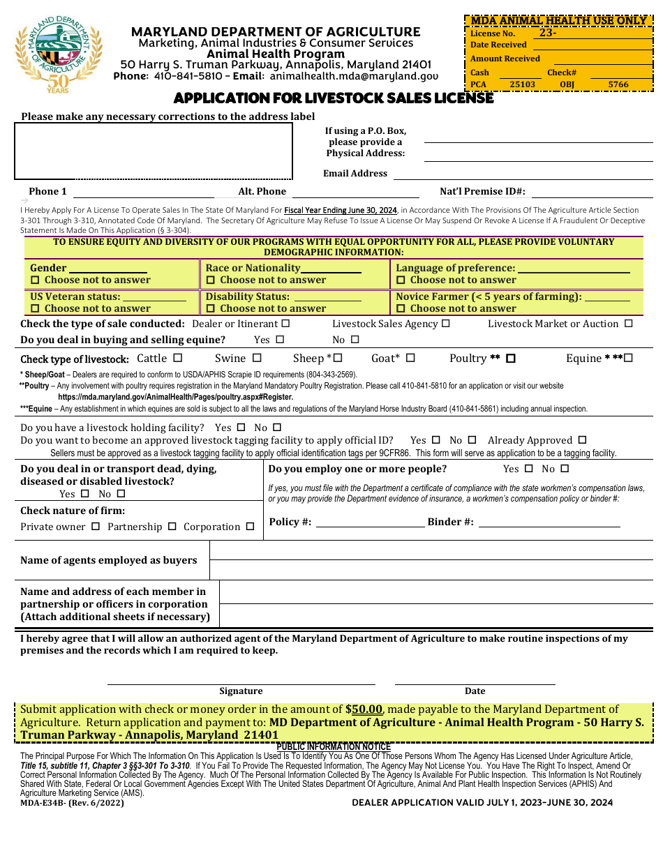 Form MDA E-34B Application for Livestock Sales License - Maryland, Page 1