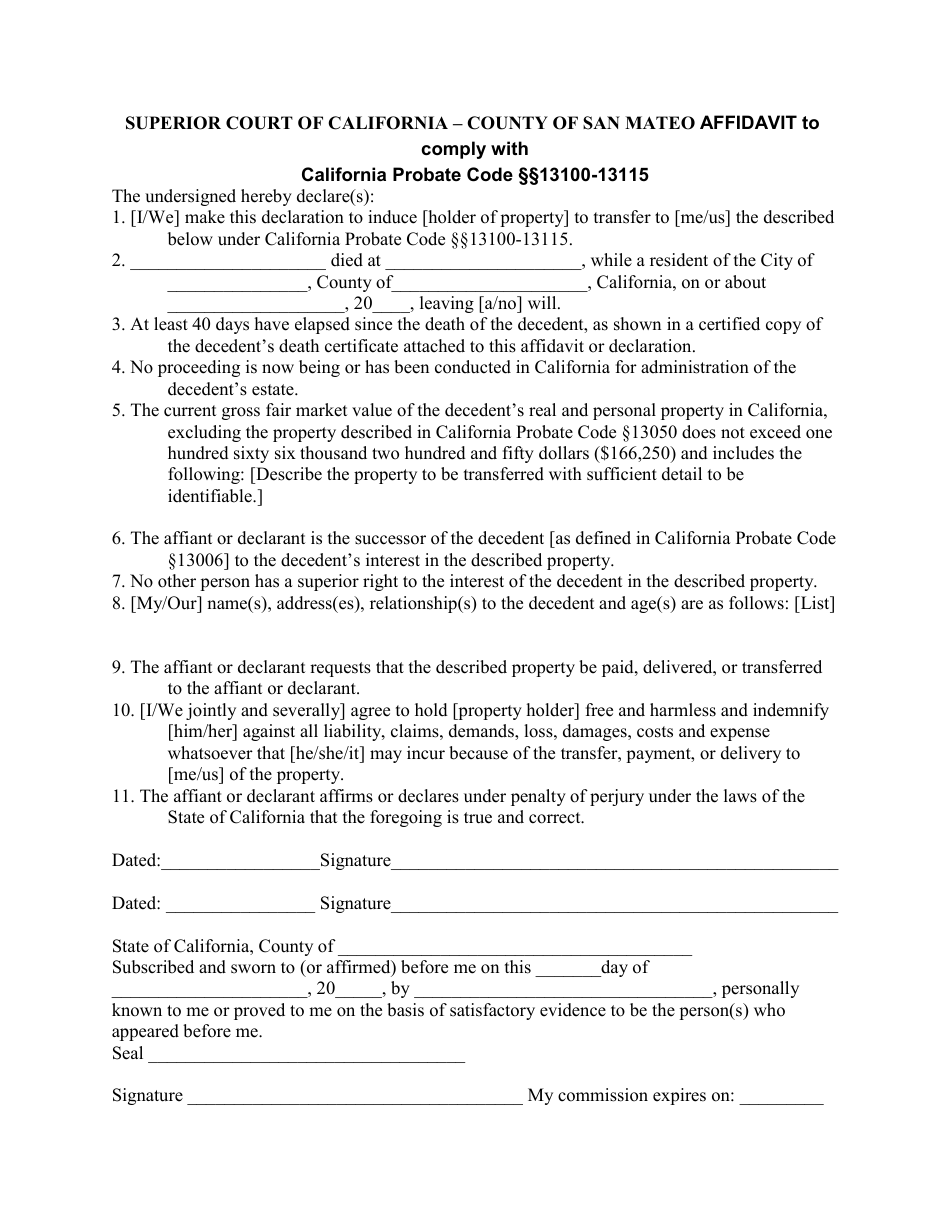 Affidavit to Comply With California Probate Code 13100-13115 - County of San Mateo, California, Page 1