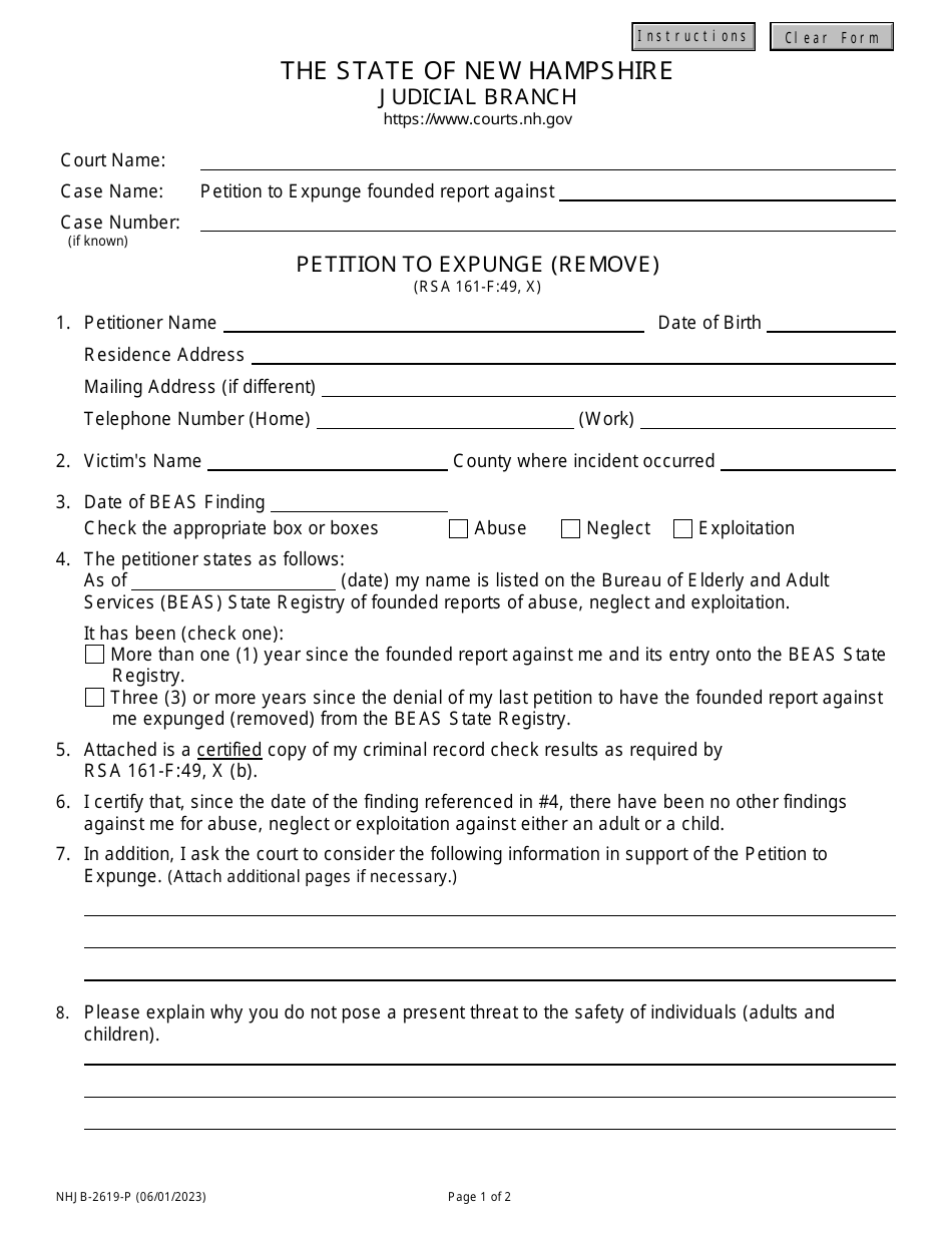 Form NHJB-2619-P Petition to Expunge (Remove) - New Hampshire, Page 1