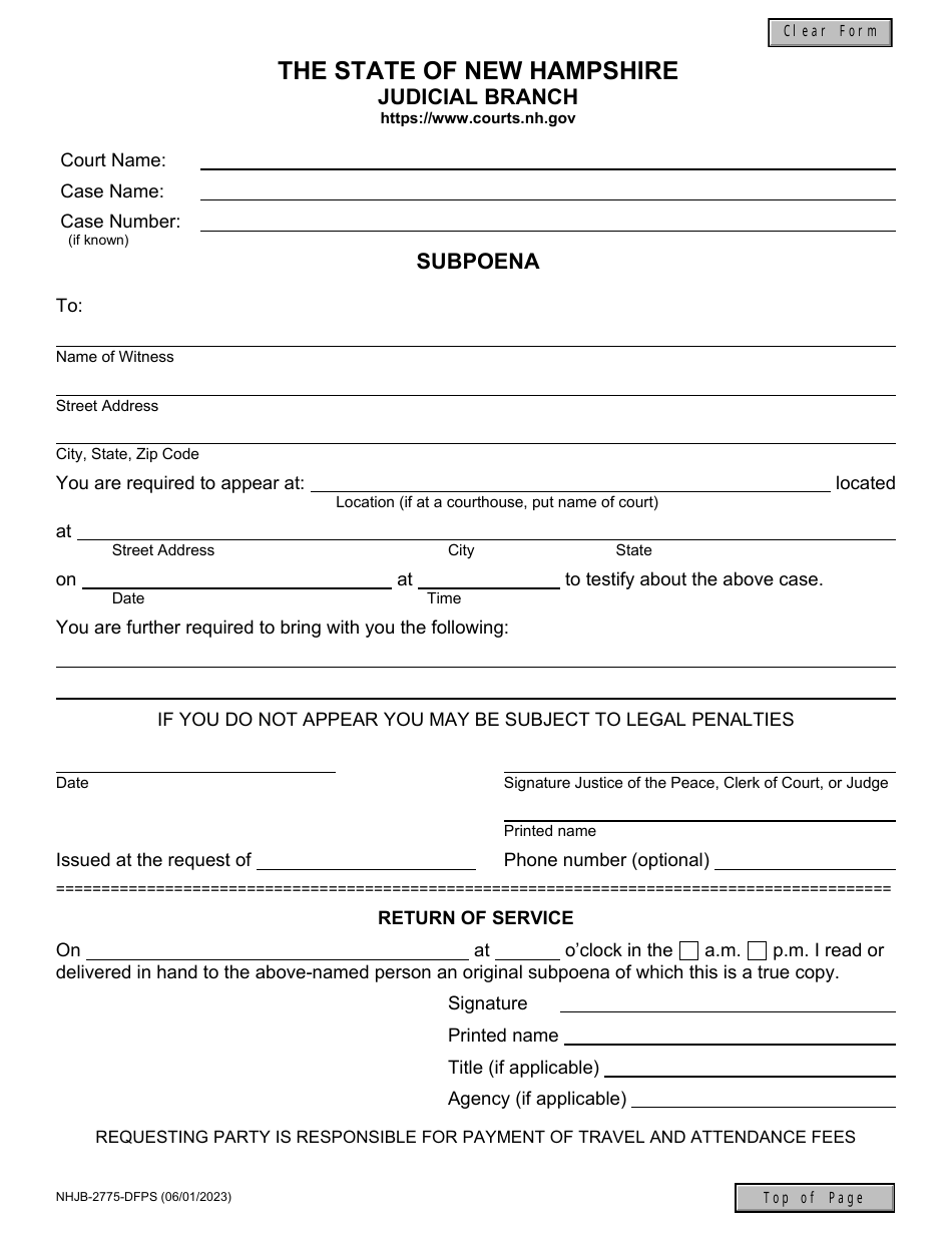Form NHJB-2775-DFPS Subpoena - New Hampshire, Page 1