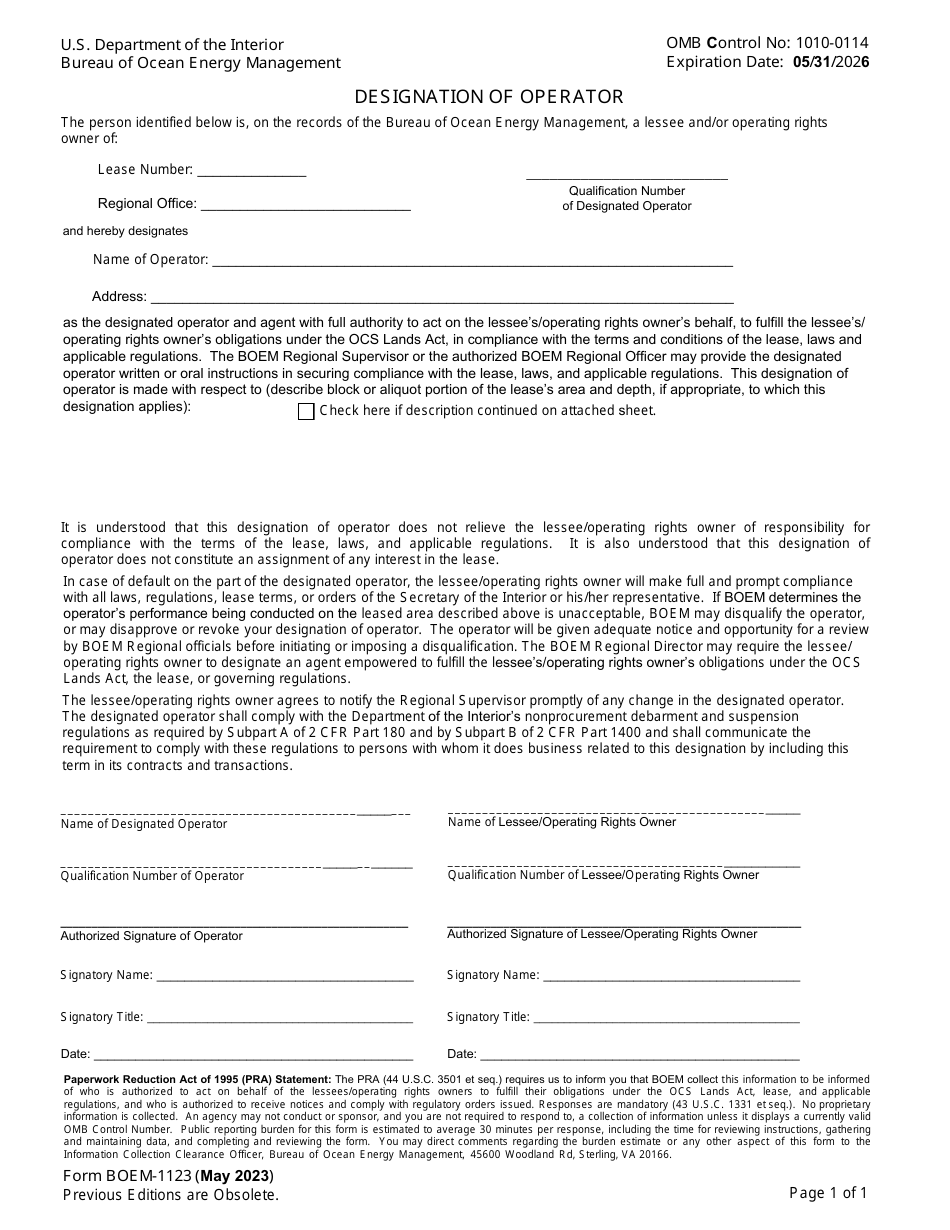 Form BOEM-1123 Designation of Operator, Page 1