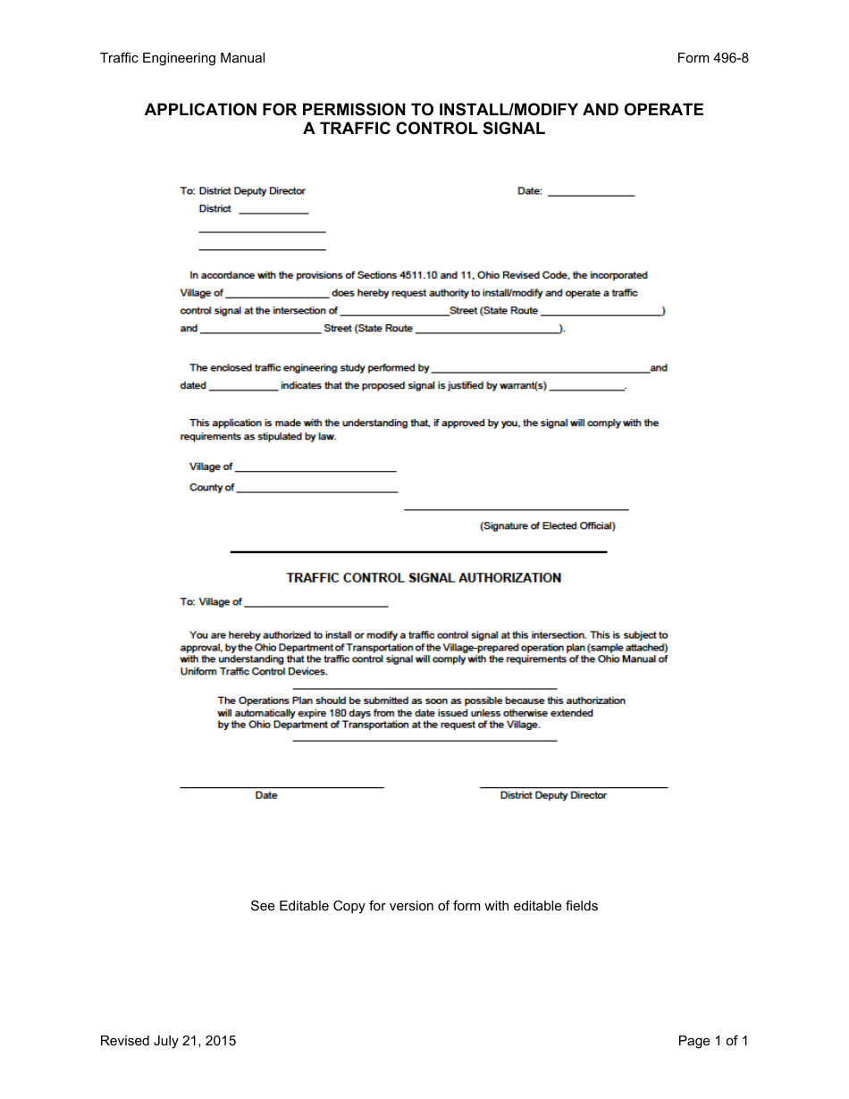 Form 496-8 Application for Permission to Install / Modify and Operate a Traffic Control Signal - Ohio, Page 1