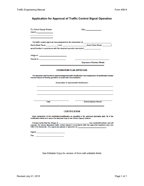 Form 496-9 Application for Approval of Traffic Control Signal Operation - Ohio