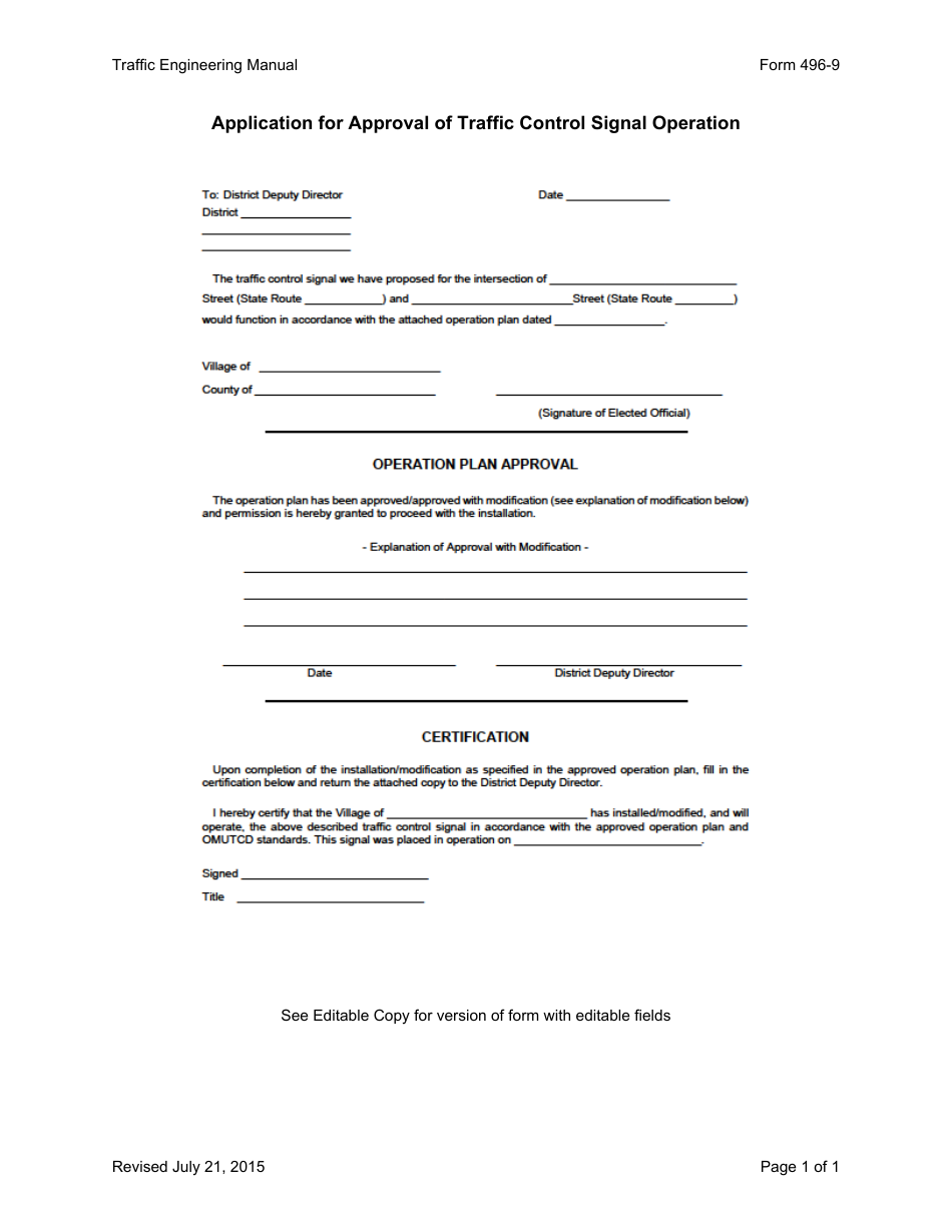 Form 496-9 Application for Approval of Traffic Control Signal Operation - Ohio, Page 1