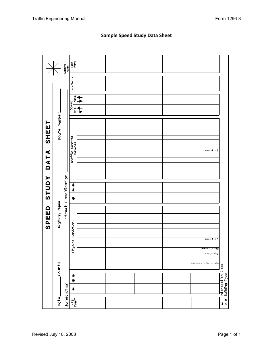 Form 1296-3 Sample Speed Study Data Sheet - Ohio, Page 1