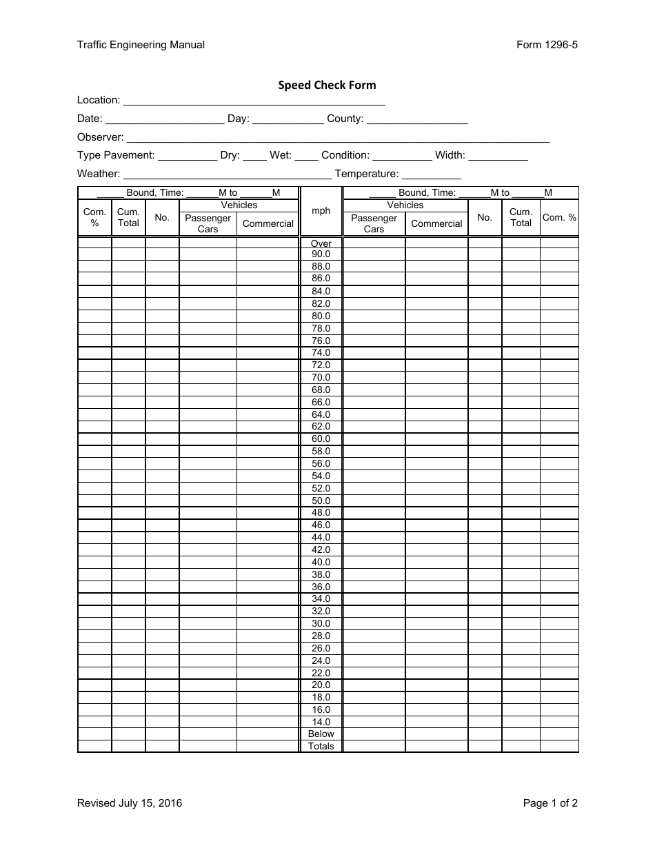 Form 1296-5 Speed Check Form - Ohio, Page 1