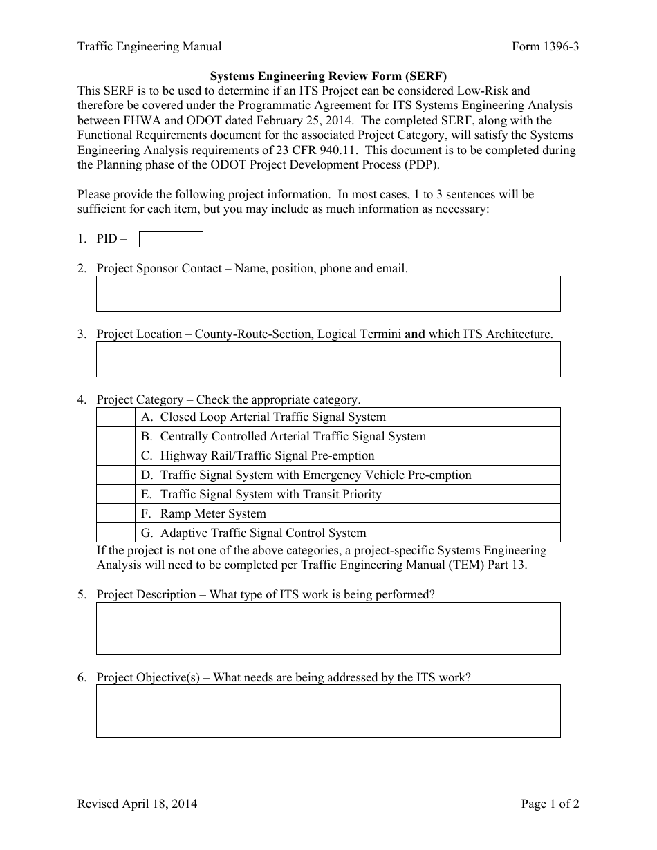 Form 1396-3 Systems Engineering Review Form (Serf) - Ohio, Page 1