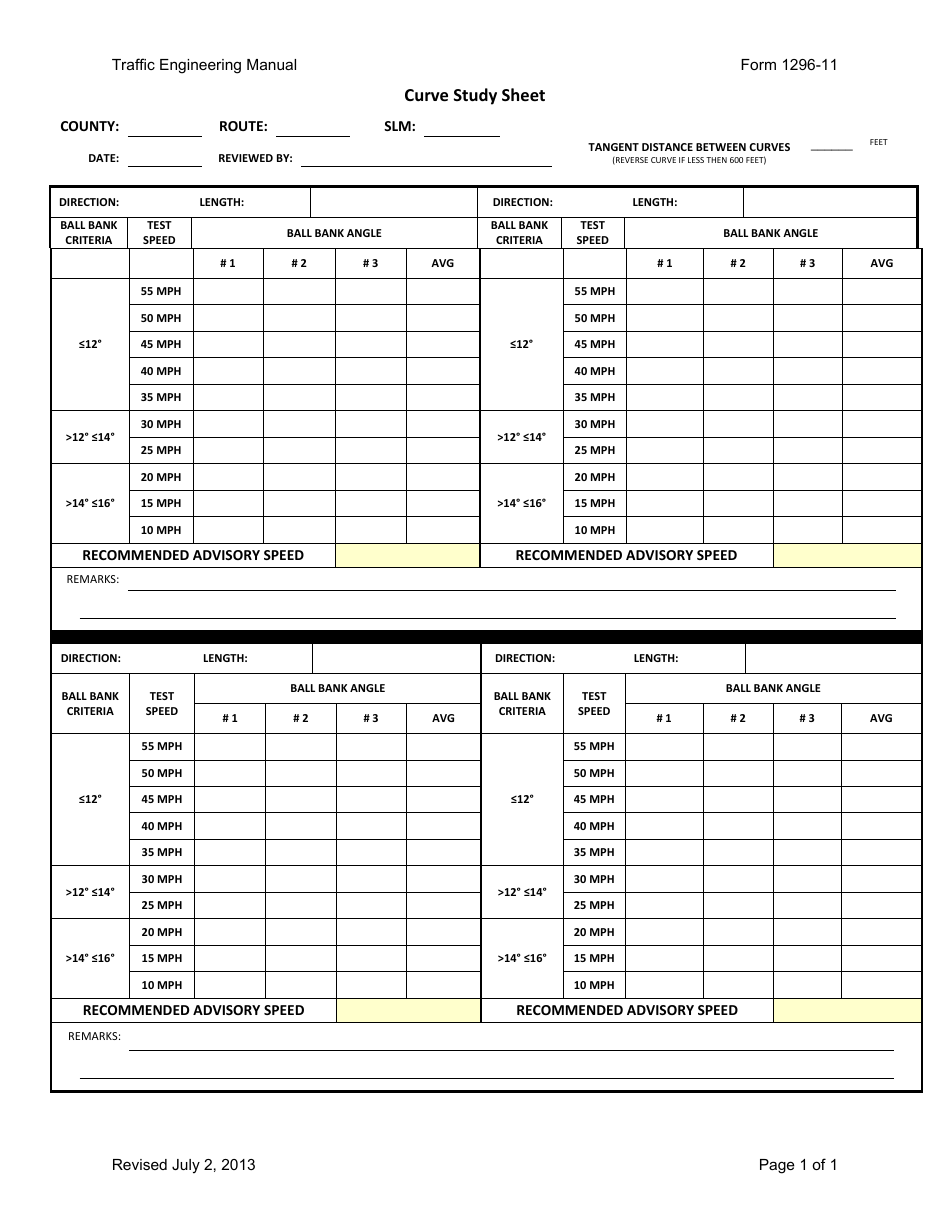 Form 1296-11 Curve Study Sheet - Ohio, Page 1