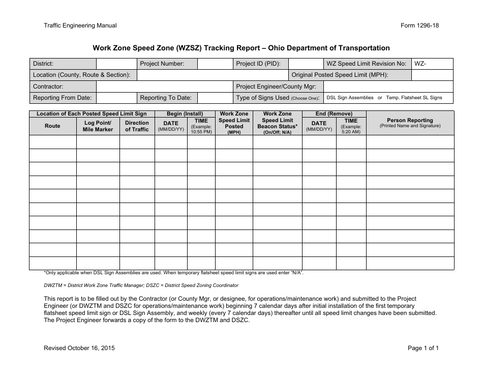 Form 1296-18 Work Zone Speed Zone (Wzsz) Tracking Report  Ohio Department of Transportation - Ohio, Page 1