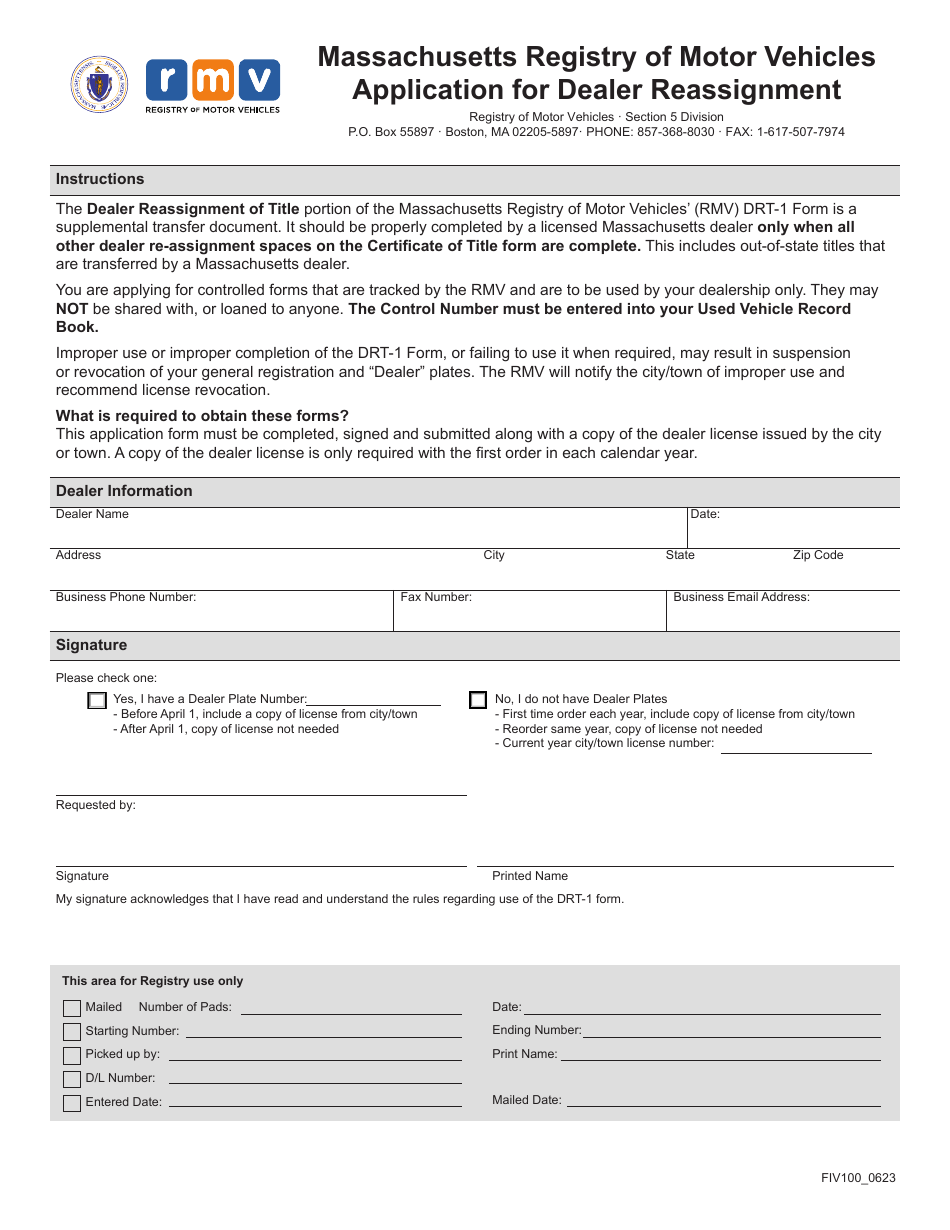 Form FIV100 Application for Dealer Reassignment - Massachusetts, Page 1