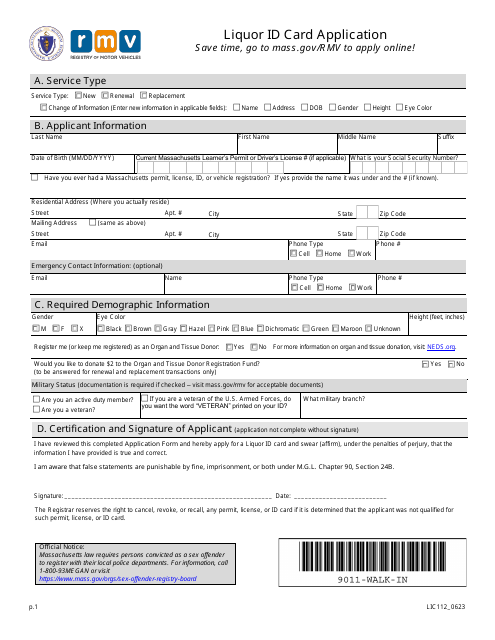 Form LIC112 Liquor Id Card Application - Massachusetts