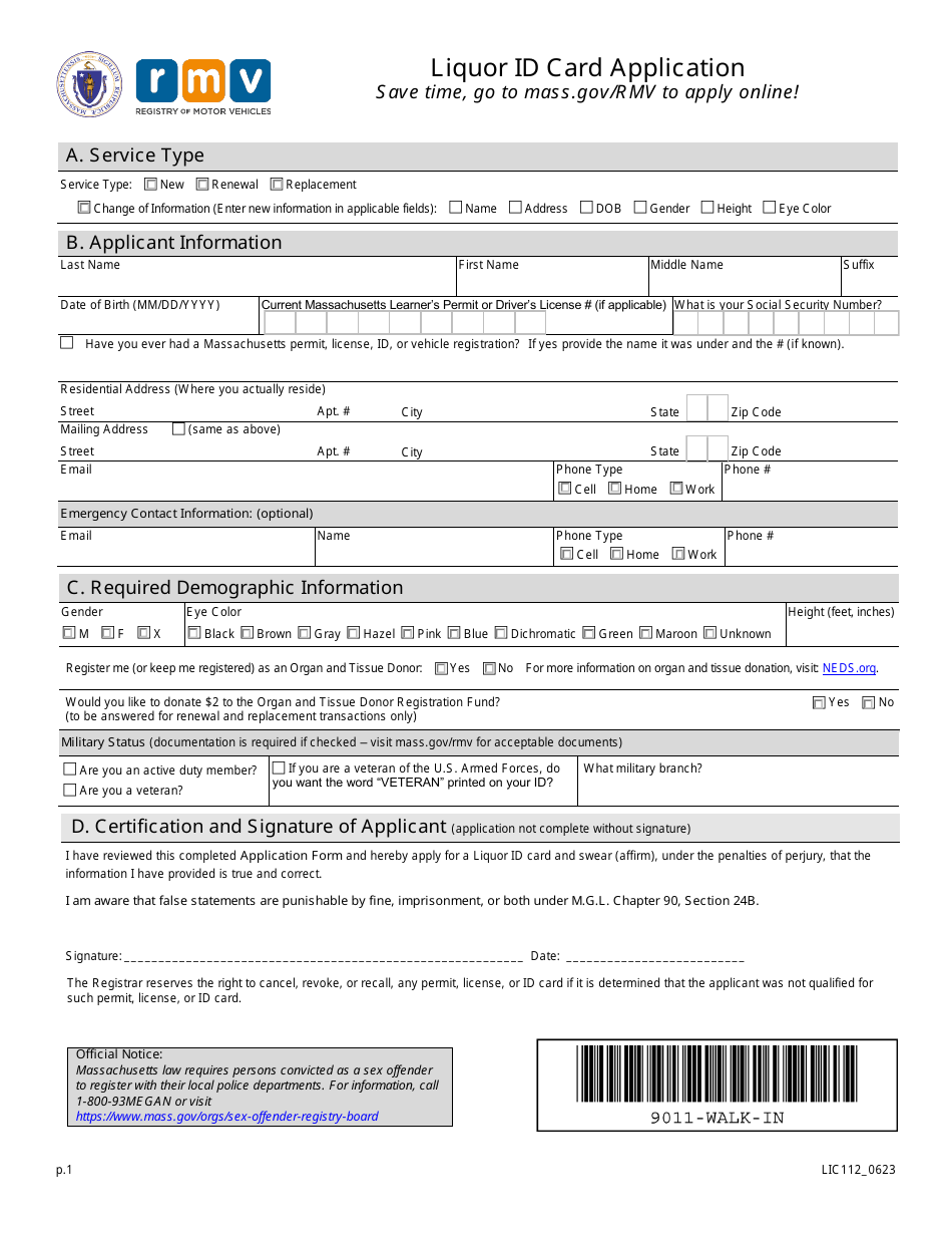 Form LIC112 Liquor Id Card Application - Massachusetts, Page 1