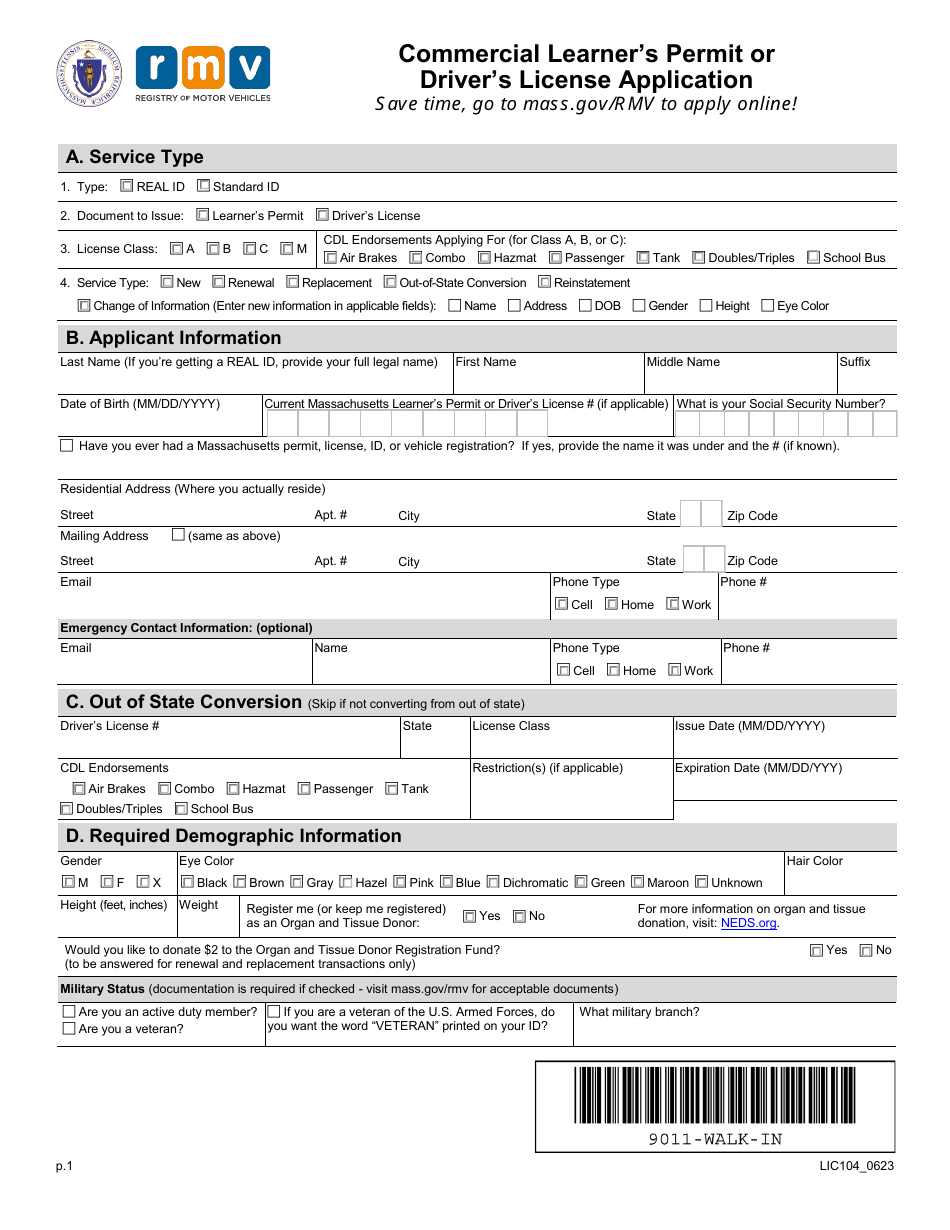 Form LIC104 Commercial Learners Permit or Drivers License Application - Massachusetts, Page 1