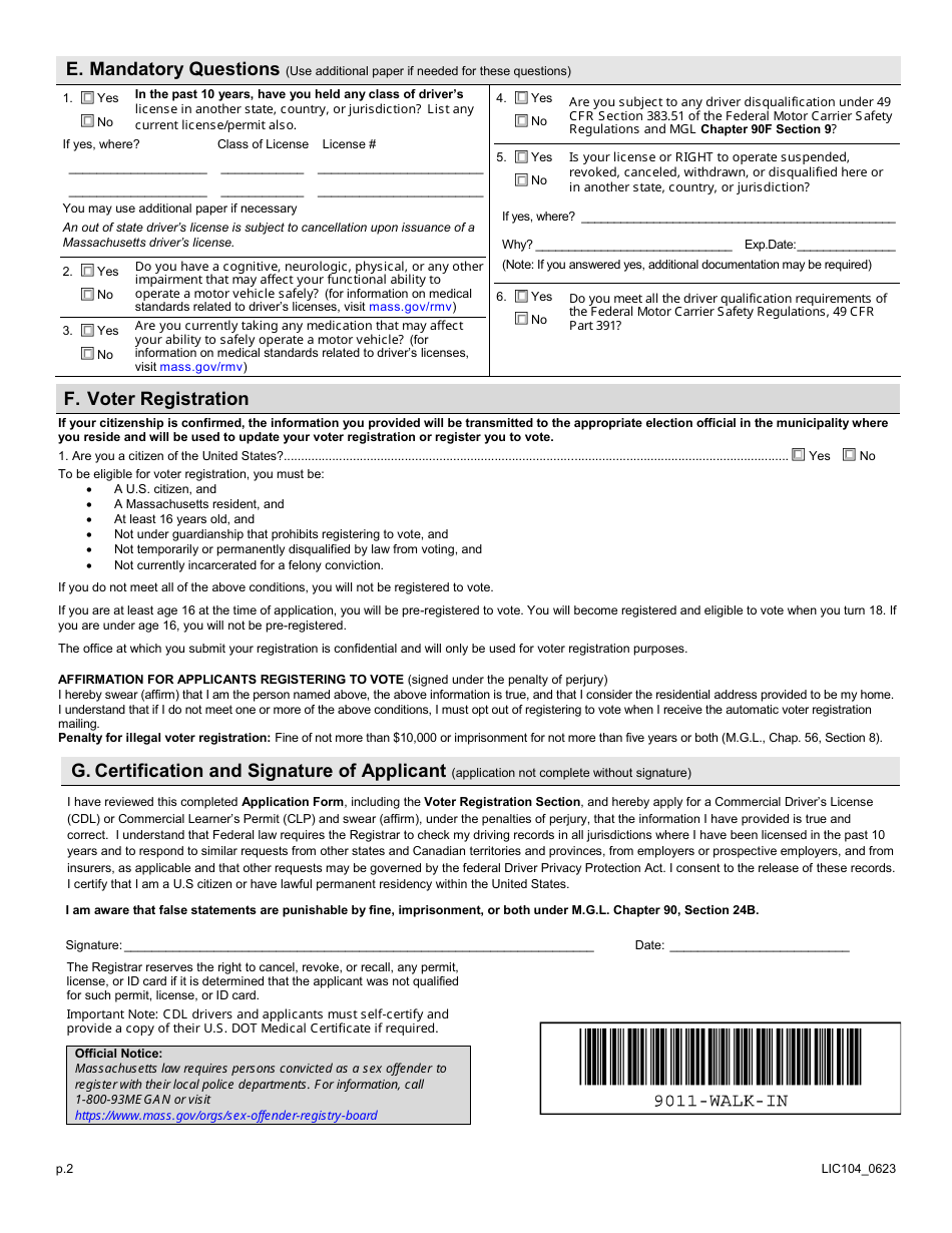 Form LIC104 Commercial Learners Permit or Drivers License Application - Massachusetts, Page 2