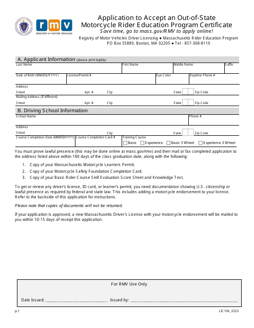 Form LIC106 Application to Accept an Out-of-State Motorcycle Rider Education Program Certificate - Massachusetts
