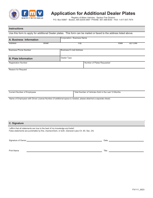 Form FIV111 Application for Additional Dealer Plates - Massachusetts