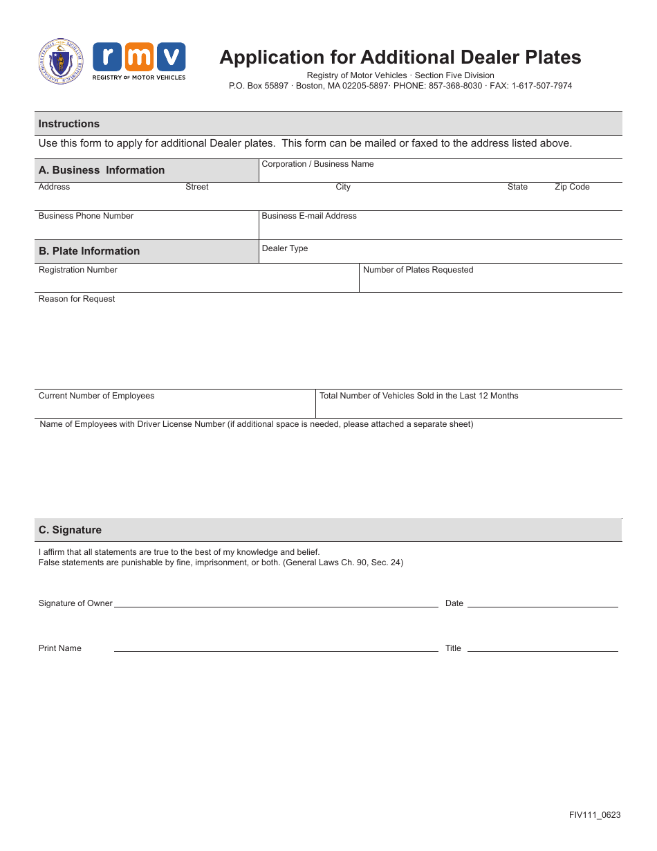 Form FIV111 Download Fillable PDF or Fill Online Application for Additional Dealer Plates