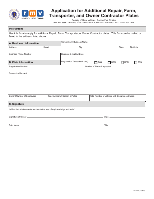 Form FIV110 Application for Additional Repair, Farm, Transporter, and Owner Contractor Plates - Massachusetts