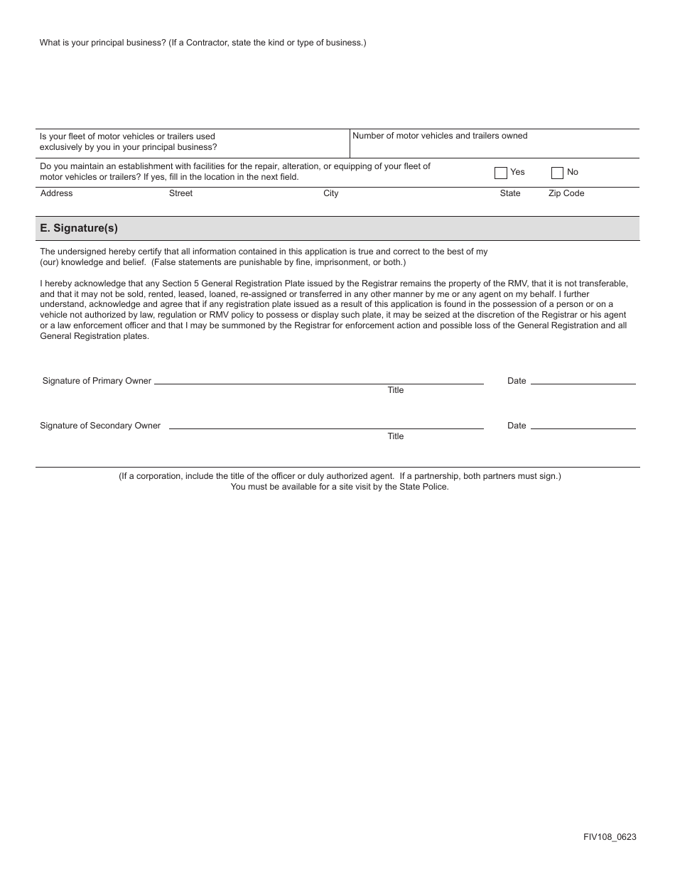Form FIV108 Application for Owner / Contractor Registration - Massachusetts, Page 3