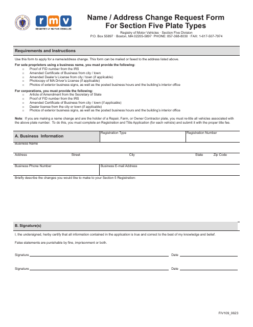 Form FIV109 Name/Address Change Request Form for Section Five Plate Types - Massachusetts
