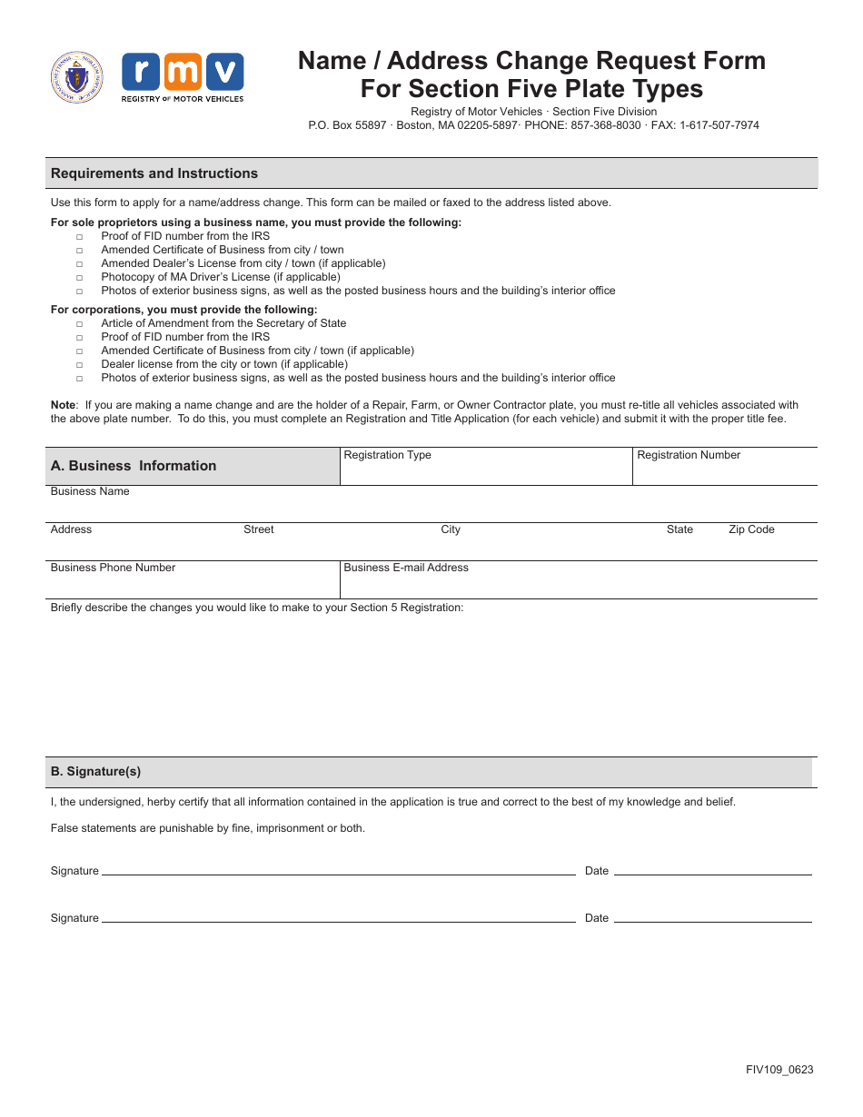 Form FIV109 Name / Address Change Request Form for Section Five Plate Types - Massachusetts, Page 1