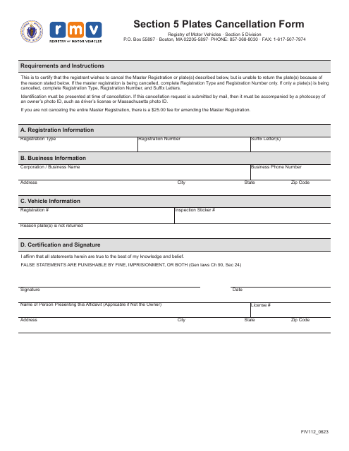 Form FIV112 Section 5 Plates Cancellation Form - Massachusetts