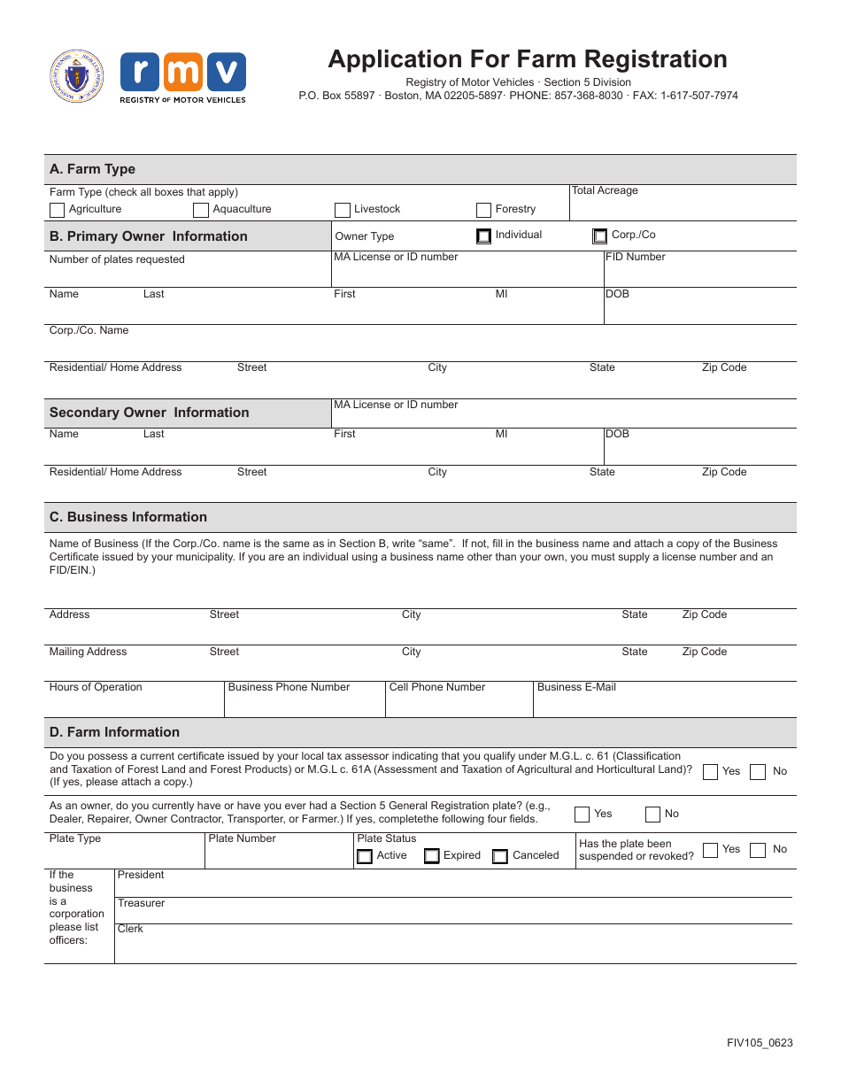 Form FIV105 Application for Farm Registration - Massachusetts, Page 4