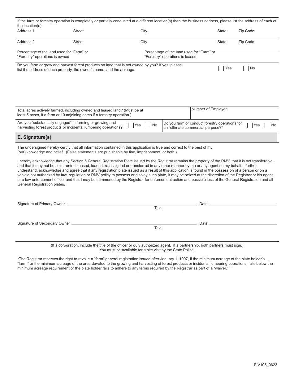 Form FIV105 Application for Farm Registration - Massachusetts, Page 5