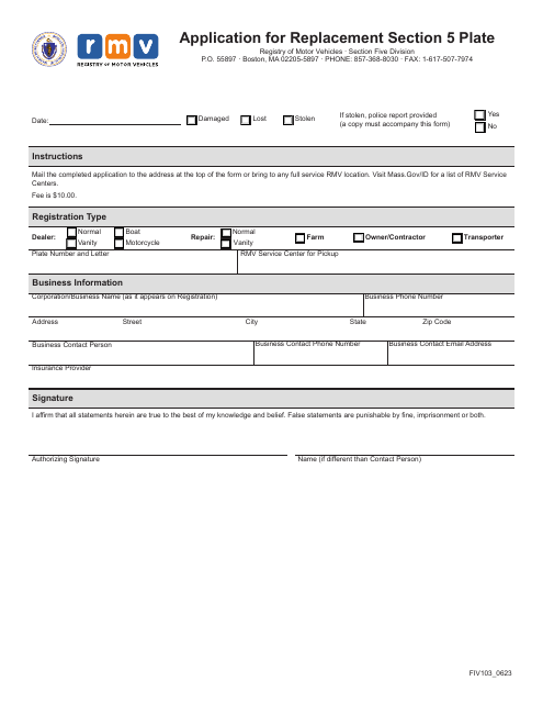 Form FIV103 Application for Replacement Section 5 Plate - Massachusetts