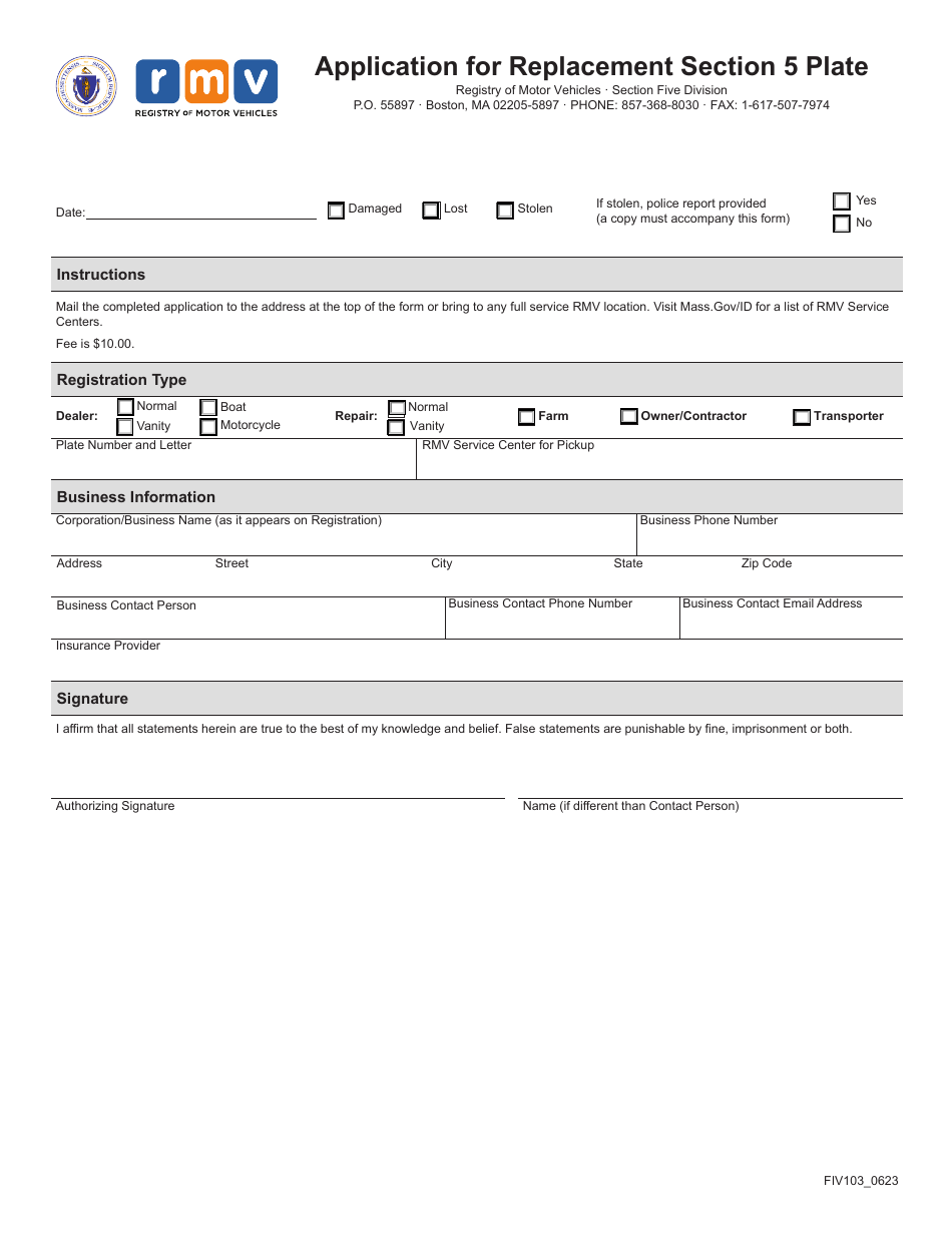 Form FIV103 Application for Replacement Section 5 Plate - Massachusetts, Page 1