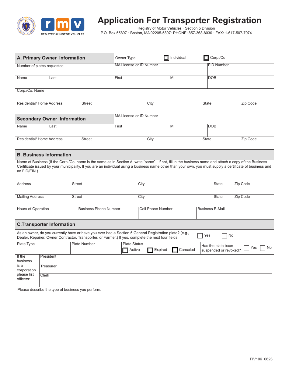 Form FIV106 Application for Transporter Registration - Massachusetts, Page 2