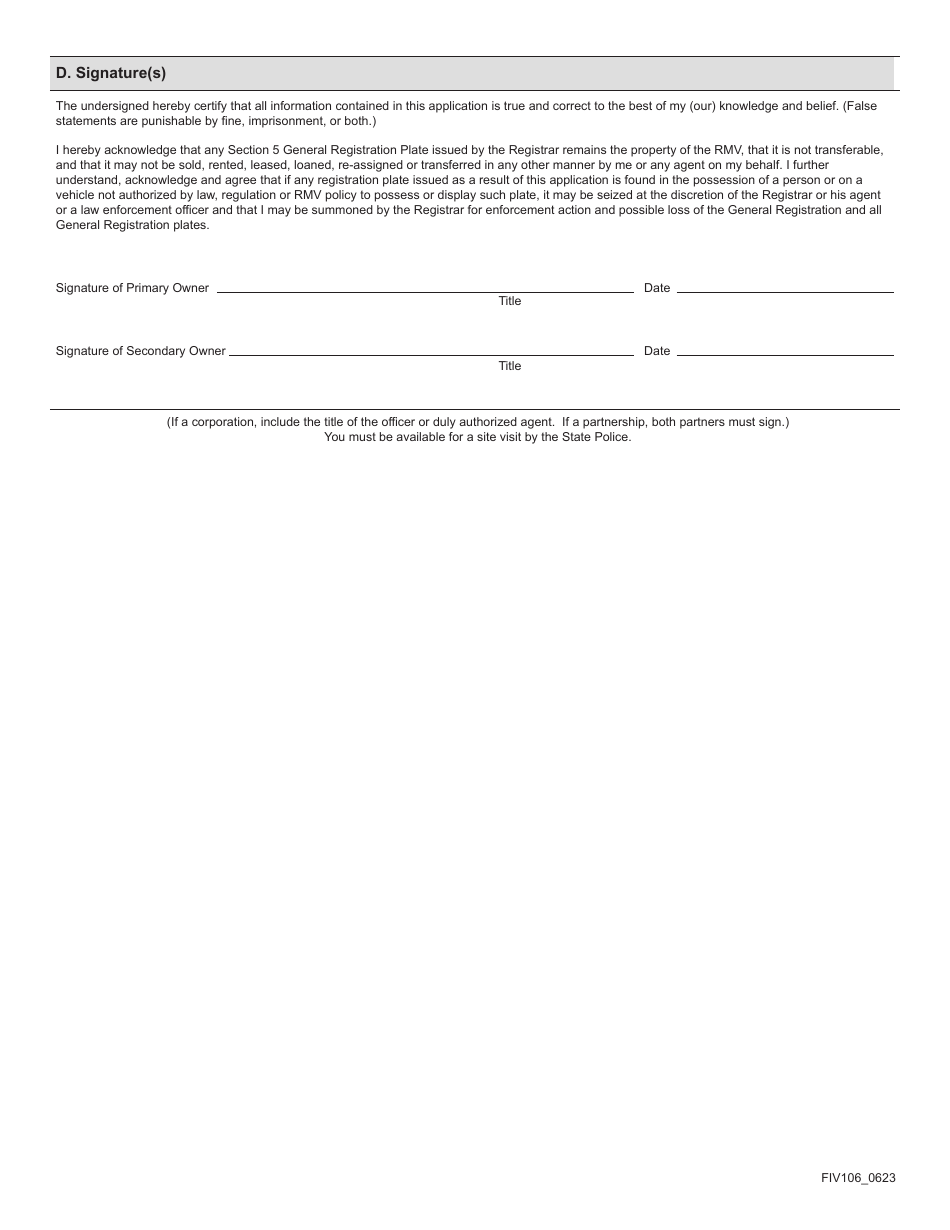 Form FIV106 Application for Transporter Registration - Massachusetts, Page 3