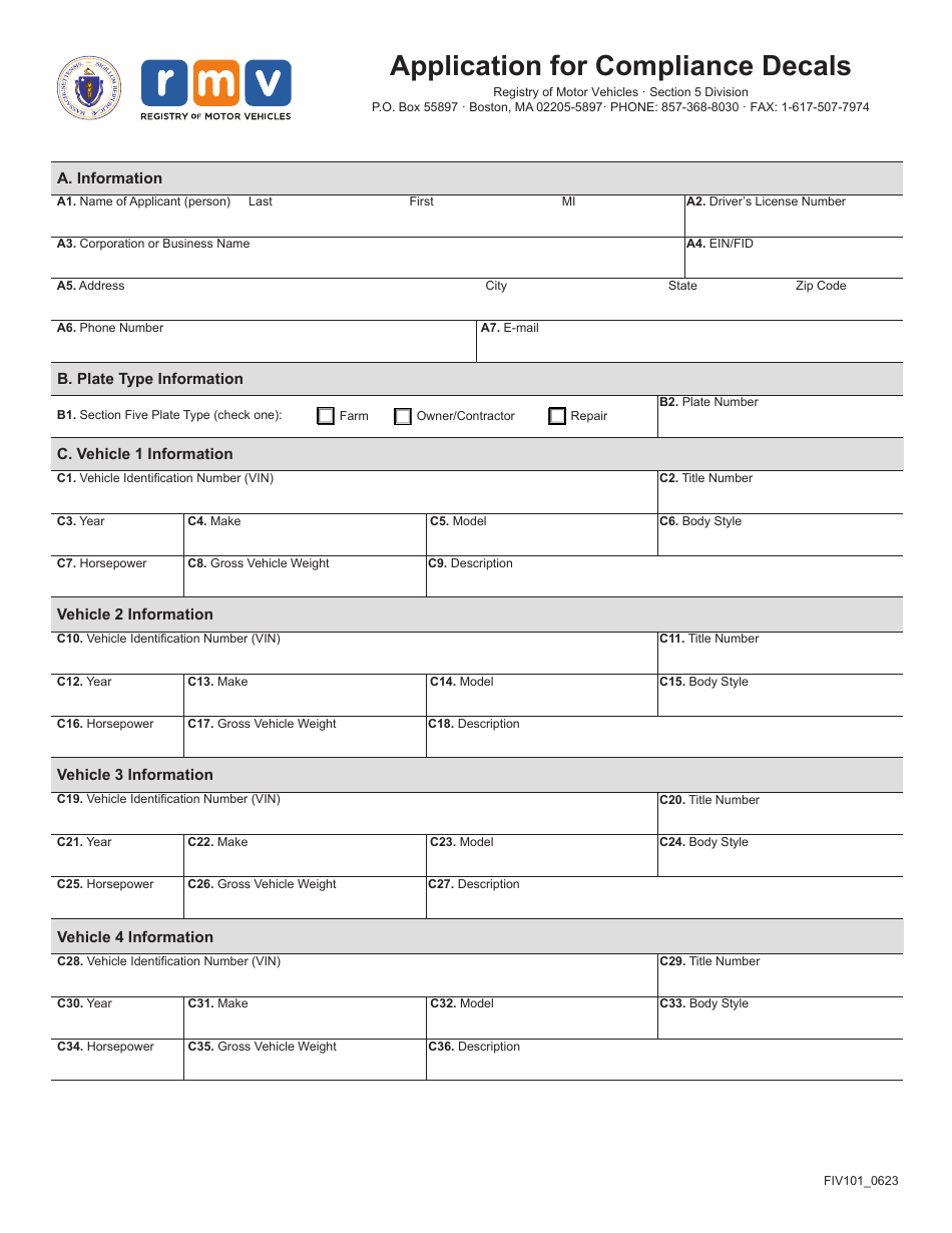 Form FIV101 Application for Compliance Decals - Massachusetts, Page 2