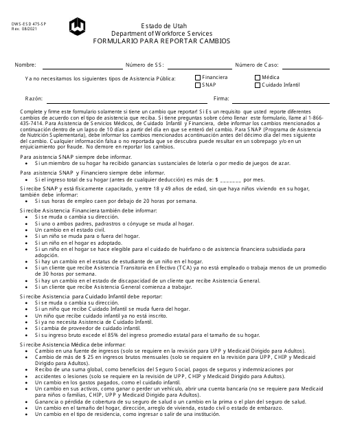 Formulario DWS-ESD475-SP Formulario Para Reportar Cambios - Utah (Spanish)