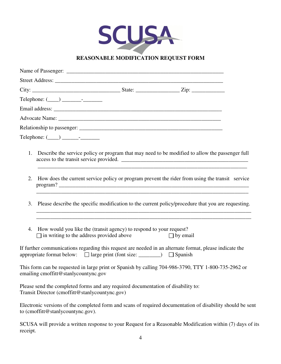 Reasonable Modification Request Form - Stanly County, North Carolina, Page 1