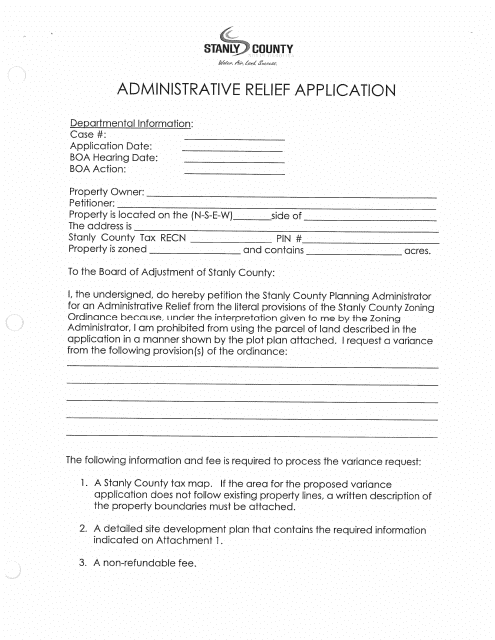 Administrative Relief Application - Stanly County, North Carolina Download Pdf