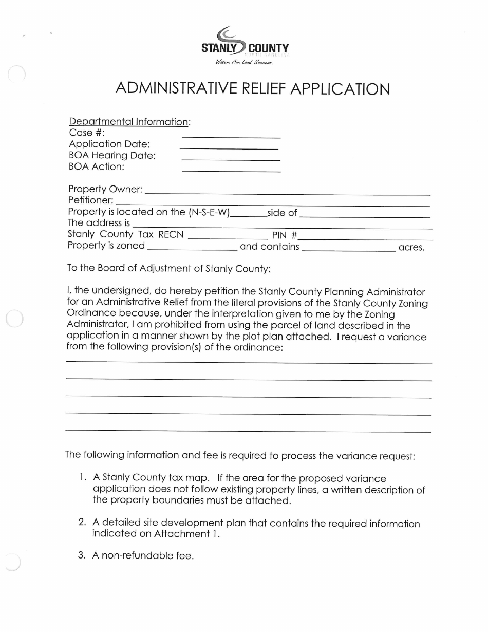Stanly County, North Carolina Administrative Relief Application Fill
