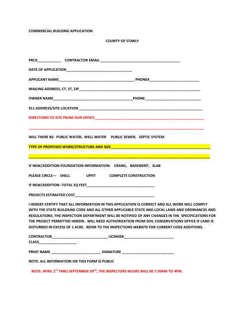 Commercial Building Application - Stanly County, North Carolina Download Pdf