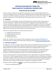 Document preview: Certification Request Form for New Assistive Technology Instructors - Minnesota