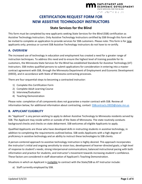 Certification Request Form for New Assistive Technology Instructors - Minnesota
