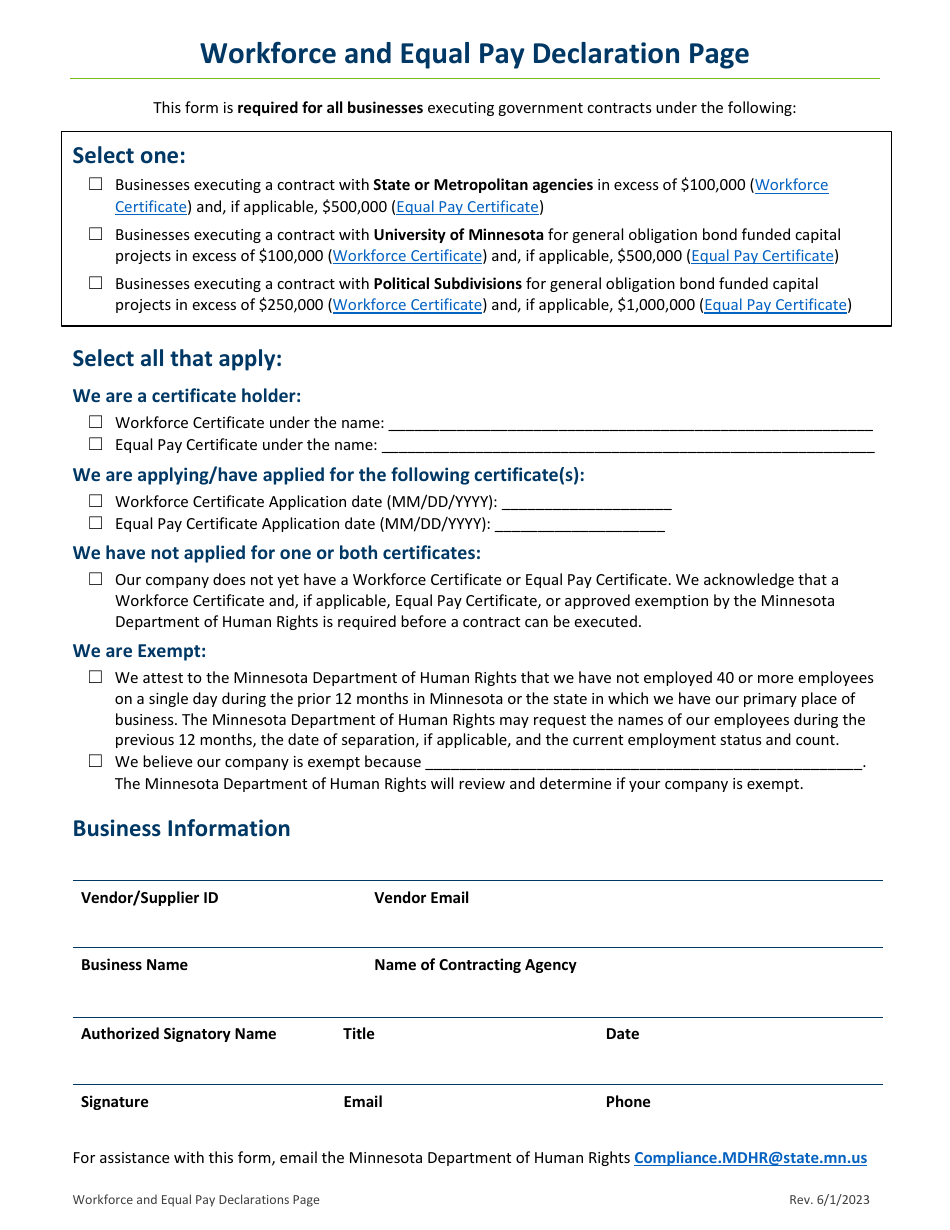 Workforce and Equal Pay Declaration Page - Minnesota, Page 1