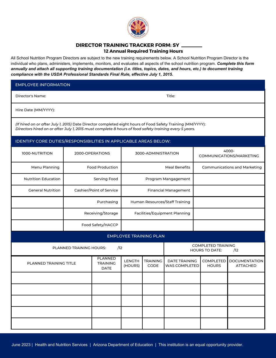 Director Training Tracker Form - Arizona, Page 1