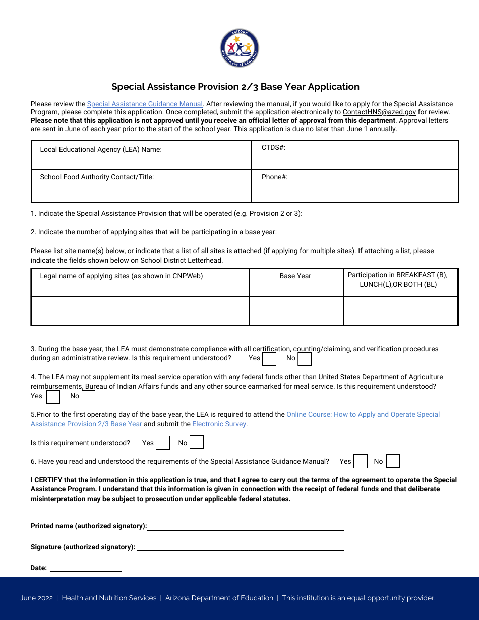 Special Assistance Provision 2 / 3 Base Year Application - Arizona, Page 1