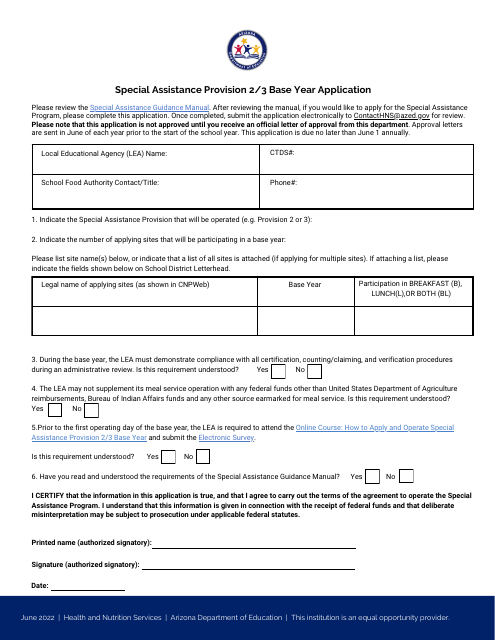 Special Assistance Provision 2/3 Base Year Application - Arizona