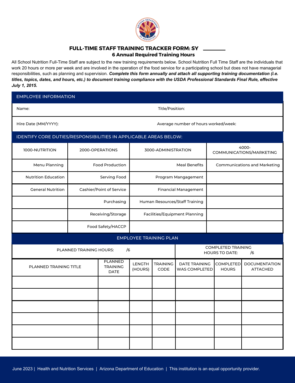 Full-Time Staff Training Tracker Form - Arizona, Page 1