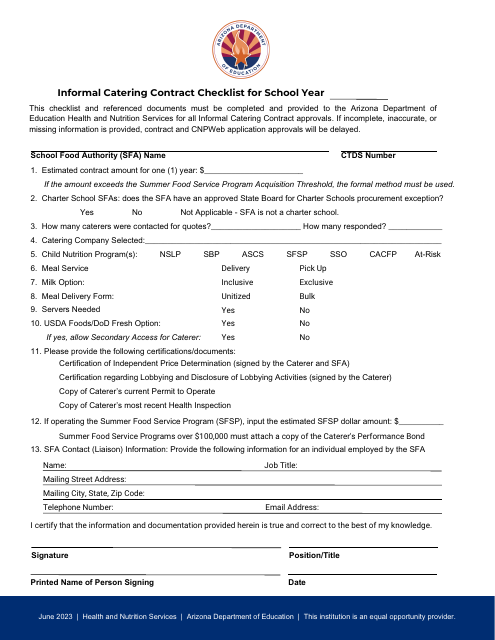 Informal Catering Contract Checklist - Arizona