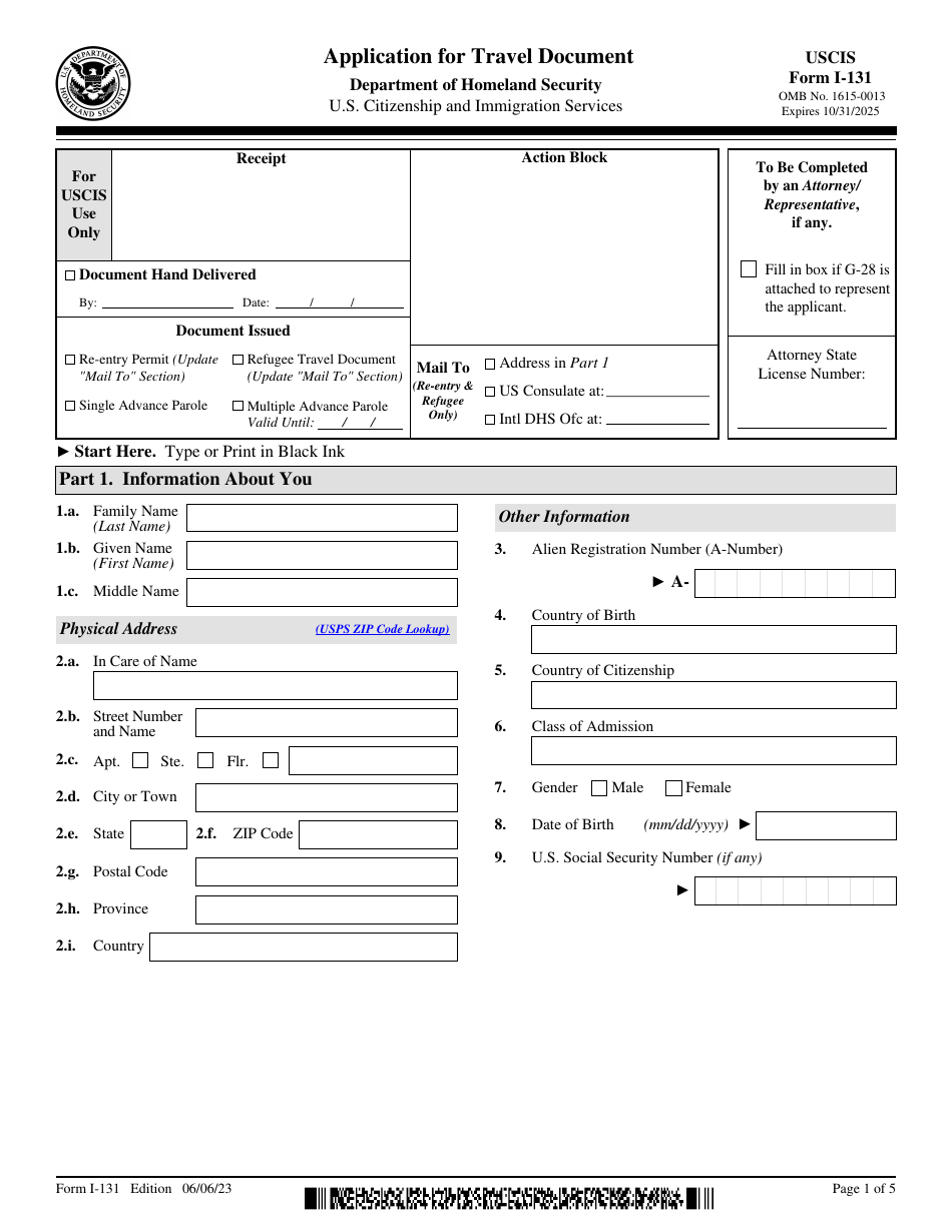 USCIS Form I-131 Application for Travel Document, Page 1
